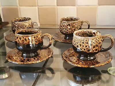 Buy Vintage Fosters Pottery Teacups And Saucers Brown Drip Glaze Set Of 4 1970s • 10£