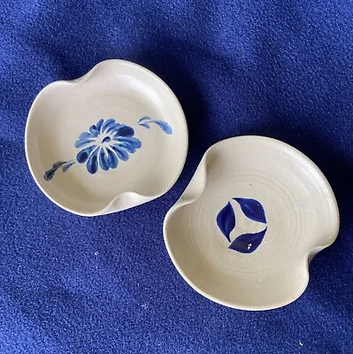 Buy 2 Williamsburg Pottery Salt Glaze Tea Bag Holder Trinket Dish Blue Flower Leaves • 8.93£