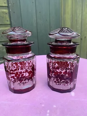 Buy Vintage Victorian Ruby Hand Painted Glass Faceted  Lidded Jar X 2 • 25£