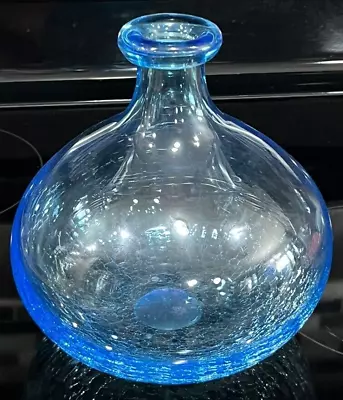 Buy Electric Blue Hand Blown Studio Art Crackle Glass Balloon Vase Bottle Aqua 9  • 37.89£
