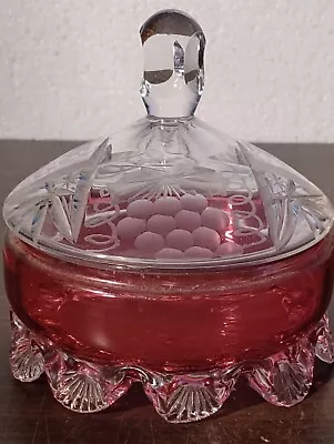 Buy Vintage Cranberry & Clear Glass Lidded Bon Bon Dish Scalloped Base • 6.50£