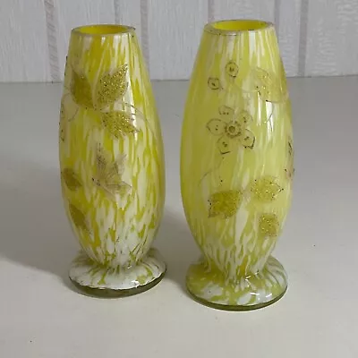Buy Pair Of Franz Welz Posy Vases Yellow White Splatter Art Glass 1920 • 10£