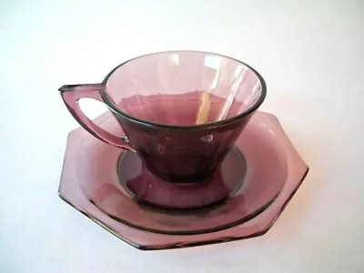 Buy Amethyst Hazel-Atlas Depression Glass Dinner Plates Saucer Cup Purple Octagon • 64.51£