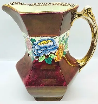 Buy Vintage Maling Pitcher; Swirled Burgundy& Florals;  Peony Rose  Pattern Ca.1955 • 62.34£