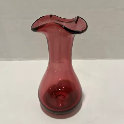 Buy Vintage Pilgrim Cranberry Glass Bud Vase Ruffled Edge 6.5” • 22.17£