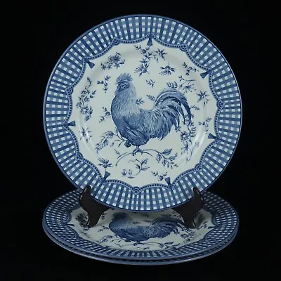 Buy Set Of 3 QUEEN'S 10.75  ROOSTER BLUE Toile Pattern Dinner Plates Gingham Tassel • 70.14£