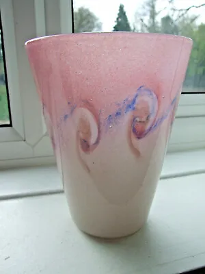 Buy Vasart Scottish Glass Vase, Pink With Blue Swirls, Signed, 20cm (8 Inch) Tall • 59.99£