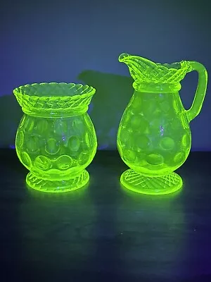 Buy EAPG CENTRAL GLASS Co Vaseline Glass #796 ROPE & THUMBPRINT Syrup & Sugar Bowl • 110.46£