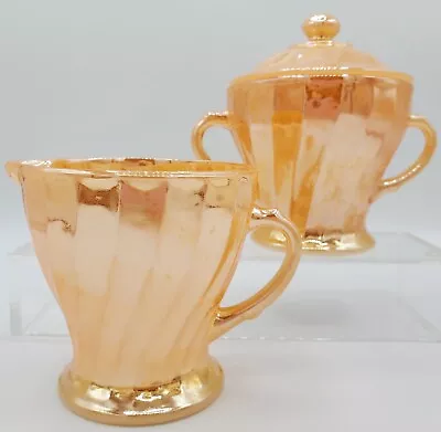 Buy Fire King Anchor Hocking Peach Lustre  Oven Ware Creamer And Sugar With Lid • 21.75£