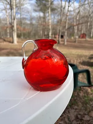 Buy Red, Vintage Crackle Art Glass Pitcher, Delicate Clear Handle. 4 Inches Tall  • 18.88£