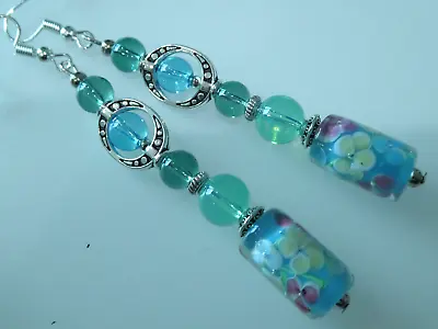 Buy Vintage Deco Style Aqua Floral Murano Glass, Opalite Long Drop Dangle Earrings • 9.39£