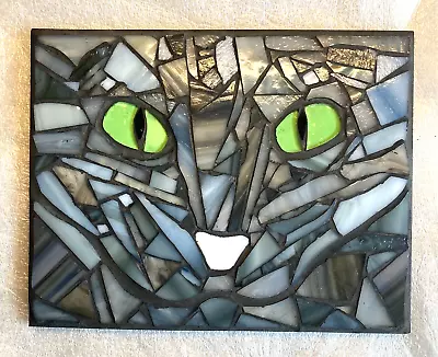 Buy M025 Glass Mosaic Wall Art Picture 20cm X 15cm Abstract Tabby Cats Eyes Greys • 21.50£