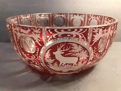 Buy Antique Bohemian Glass Bowl/Etched/C1920/Deer/Stag/Ruby Red Color/Czechoslovakia • 261.76£