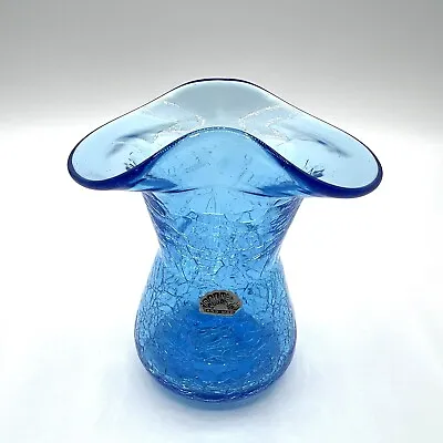 Buy Vintage Hand Blown Rainbow Blue Crackle Glass Vase With Ruffled Top 5.25  Tall • 21.20£