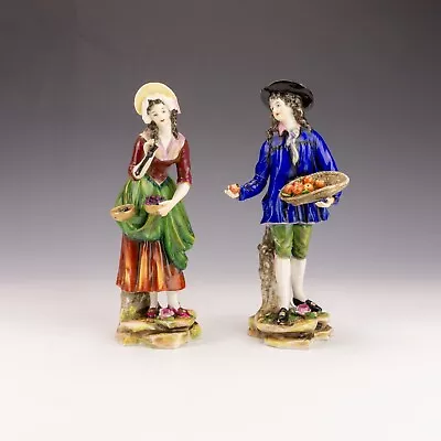 Buy Antique Dresden German Porcelain -  Pair Of Man & Lady Fruit Gatherer Figurines • 24.99£