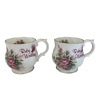 Buy Vintage Queens Fine Bone China Ruby Wedding Anniversary Mug X2 White Floral Rose • 14.99£