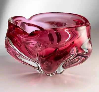 Buy Chřibská Glassworks Heavy Glass Crystal Bowl, Pink Czech Republic Bohemia 1970s • 56.90£