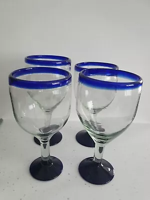 Buy Mexican Handmade Cobalt Blue Rim & Base Wine / Water Glasses (4 - Various Sizes) • 14£