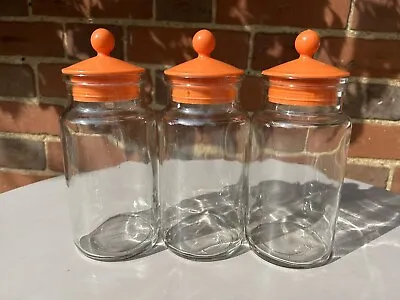 Buy 3 X VINTAGE C.1970s Clear Glass Lidded Jars Pots Sweets Storage Orange Lids • 18£
