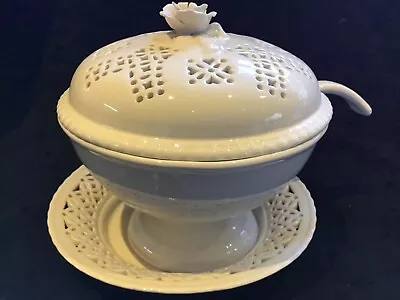Buy Original Vintage Leedsware Pierced Pedestal  Pot With Ladle And Under Dish • 30£