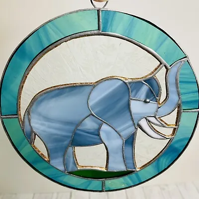Buy Stained Glass Elephant 7” Round Window Sun Catcher Blue Gray Turquoise Teal • 33.10£