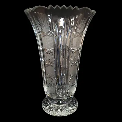 Buy Massive American Lead Cut Crystal Glass Trumpet Vase 12  Tall Snowflake -MINT • 90.08£