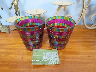 Buy Pair Mosaic Tealight Candleholders Multi Color Rainbow Glass Hand Made Artisan • 19.99£