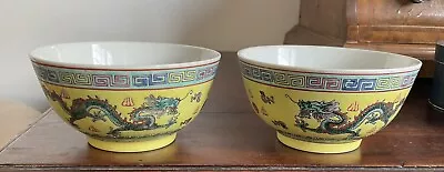 Buy Vintage Pair Chinese Hand Painted Double Dragon Yellow Ground Bowls 12cm • 10£