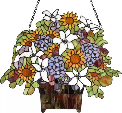 Buy Gaily Decorated Basket Tiffany Style Stained Glass Window Panel, Bieye • 72.99£