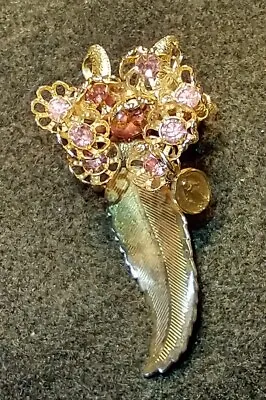 Buy Vintage Gold Tone Pink Rhinestone Floral And Leaf Pin With Religious Tag • 15.98£