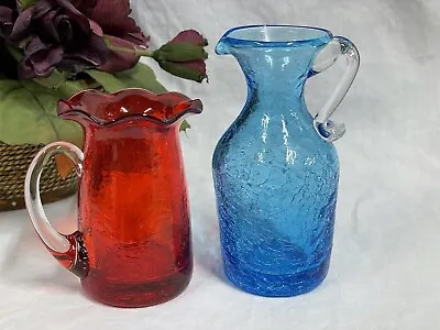 Buy Vintage Crackle Glass Pitcher Vase Set Rainbow/Pilgrim Glass • 13.50£