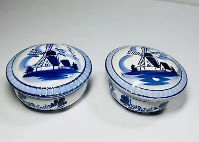 Buy Vintage Pair Delft Blue Pottery Holland  - Lidded Trinket Boxes Windmill Pots • 10£