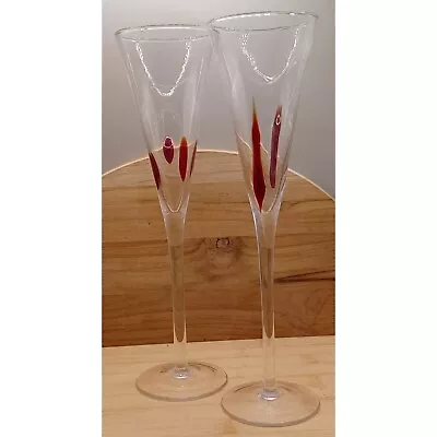 Buy Vintage Hand Blown Blood Red Drip Art Glass Stylish Champagne Wine Glasses • 17.29£
