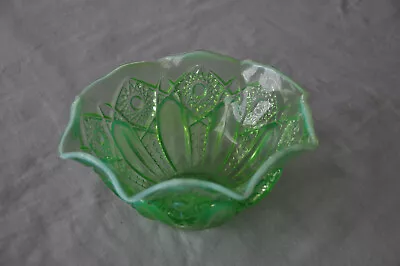 Buy Vintage Vaseline Green Glass Fruit Bowl With Opalescent Ruffled Edge • 22.19£