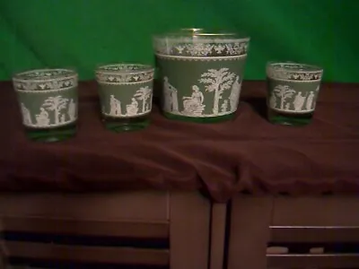 Buy Vintage Wedgewood Green Jeanette Jasperware 3 Drinking Glasses And Ice Bucket  • 23.72£