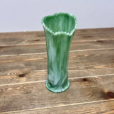 Buy Vintage Marbleized Slag Emerald Green Akro Agate Scalloped Bud Vase 8.5  • 61.48£