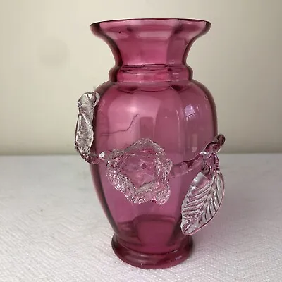 Buy Vintage Cranberry Glass Vase With Applied Rose & Leaves Pilgrim? 5.5  • 19.23£