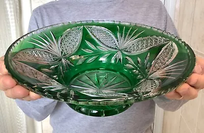 Buy Cut To Clear Bohemian Crystal Glass Emerald Green Large Heavy Bowl 13” • 144.11£