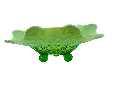 Buy Vintage Green Art Glass Fruit Serving Bowl Embossed Flower Footed • 28.25£