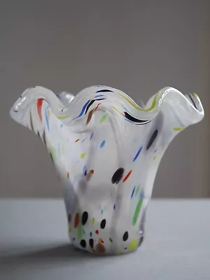 Buy Murano Small Art Glass Vase White And Multicoloured Dots Swirls Ruffled Top • 32£