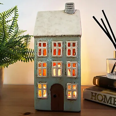 Buy Tall Blue House Tea Light Holder Glazed Ceramic Pottery Cottage Candle Ornament • 20£