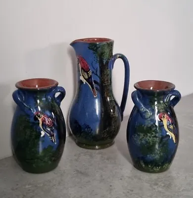 Buy Vintage Pair Of Torquay Ware Blue Small Vases 3 Handles & Jug Parrot Devon  • 28.98£