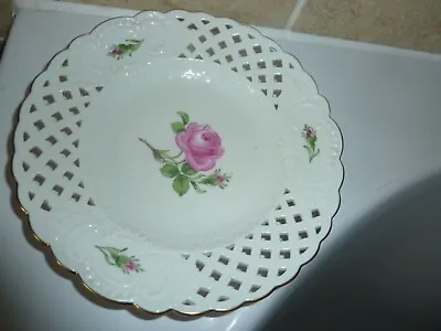 Buy Meissen China 18.3cm Pierced Pattern Border Plate With Pink Rose And Leaf Design • 45£