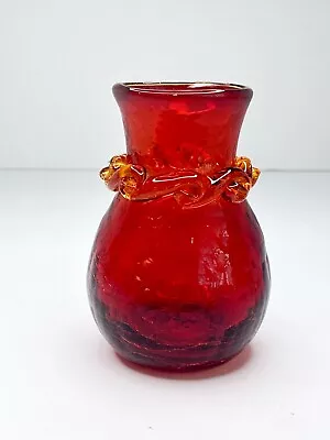 Buy Vintage Red Crackle Glass Vase Rigaree Hand Blown MCM Hamon Kanawha Blenko • 24.29£