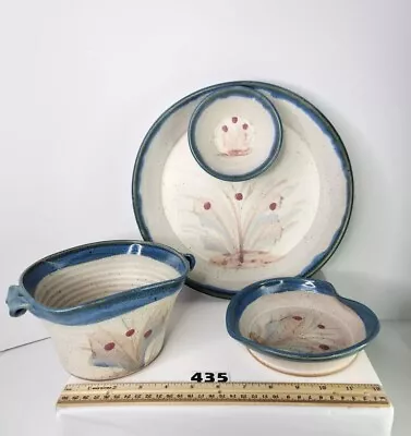 Buy Russell Wood Signed Pottery Set Lot Of 3 Handmade Vase Bowl Server Trinket Blue • 85.22£