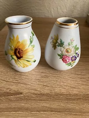 Buy Pair Of Vintage Small Bud Vases Floral Design - Gold Rim - Gouda Pottery Holland • 5£