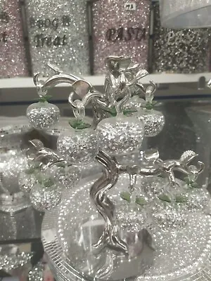 Buy Large Silver Green Crushed Diamond Crystal Filled Glass Apple Tree Ornament • 29.99£