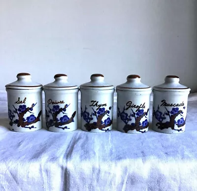 Buy Set Of 5 Vintage 1970s FRENCH Glazed Stoneware Spice Herb Pots Jars. • 24£