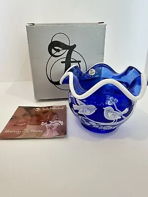 Buy Fenton Hand Painted Cobalt Blue Glass Snow Crest Rose Bowl Signed Original Box • 56.89£