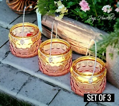Buy Glass Lantern Tea Light Candle Holder Two Tone Pink Yellow Garden Home SET OF 3 • 9.99£
